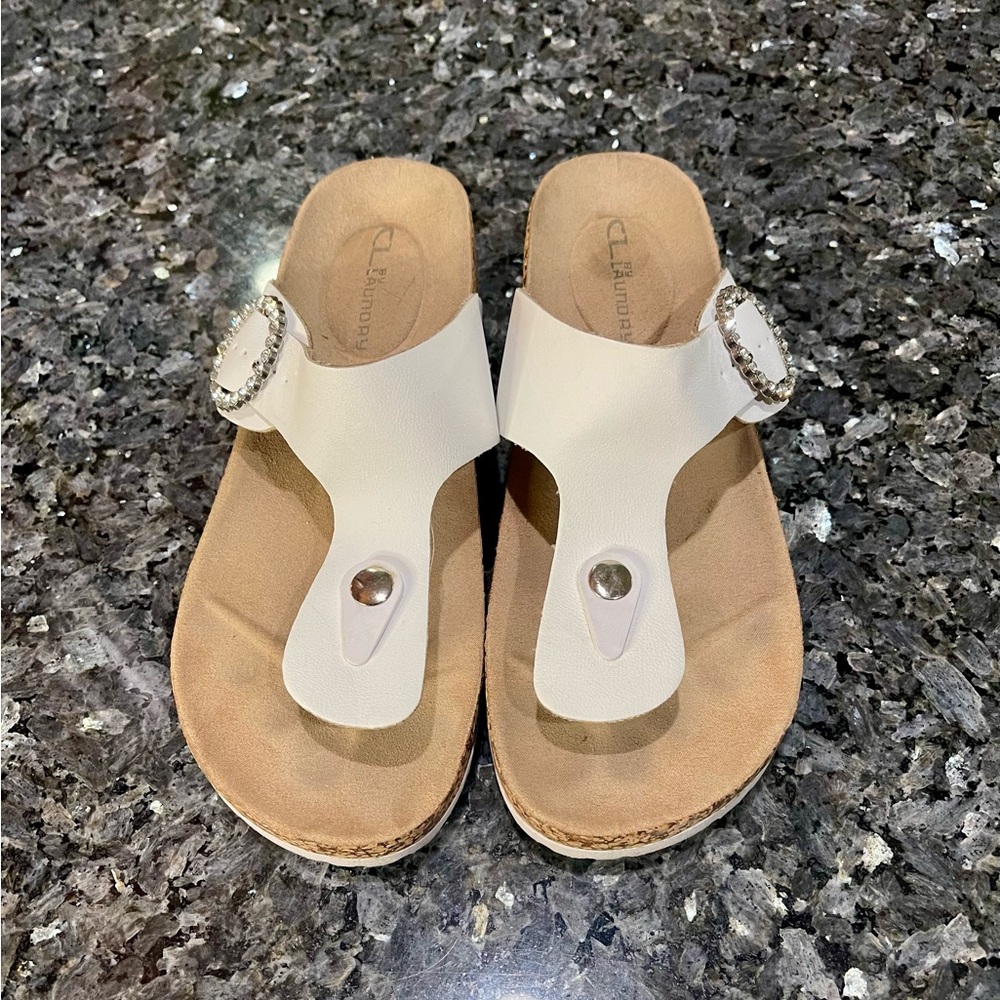 CL by Laundry White Thong Sandals w/Jeweled Buckles and Cork Wedges Size 6.5/7